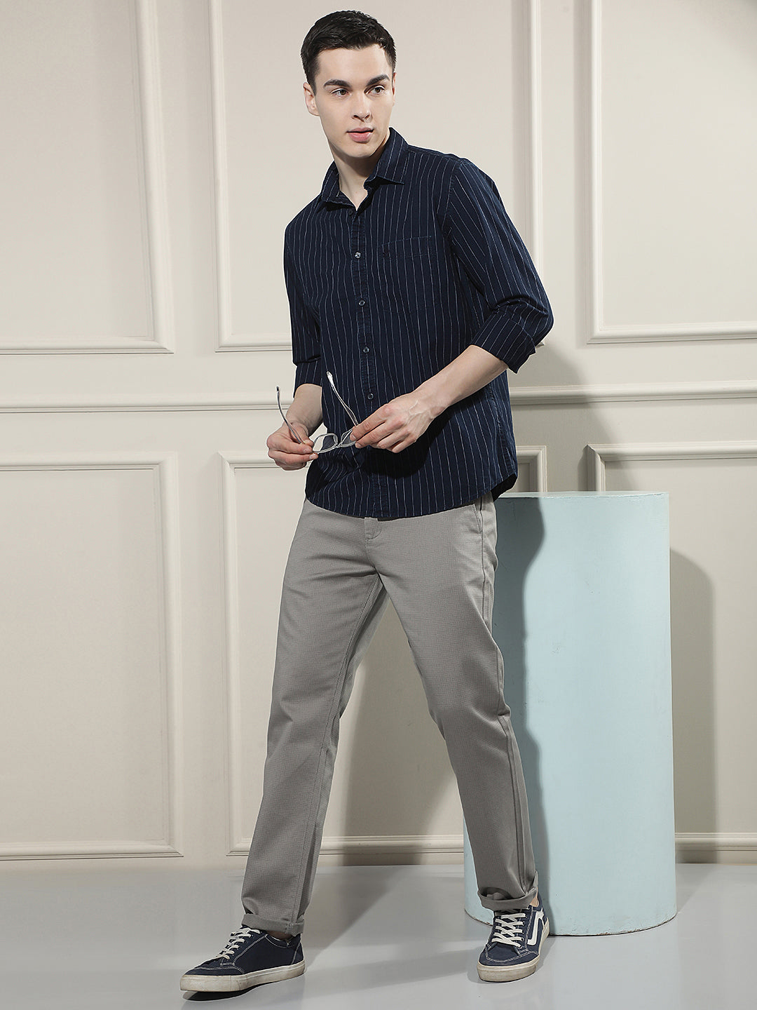 Navy Blue Vertical Stripes 100% Cotton Shirt