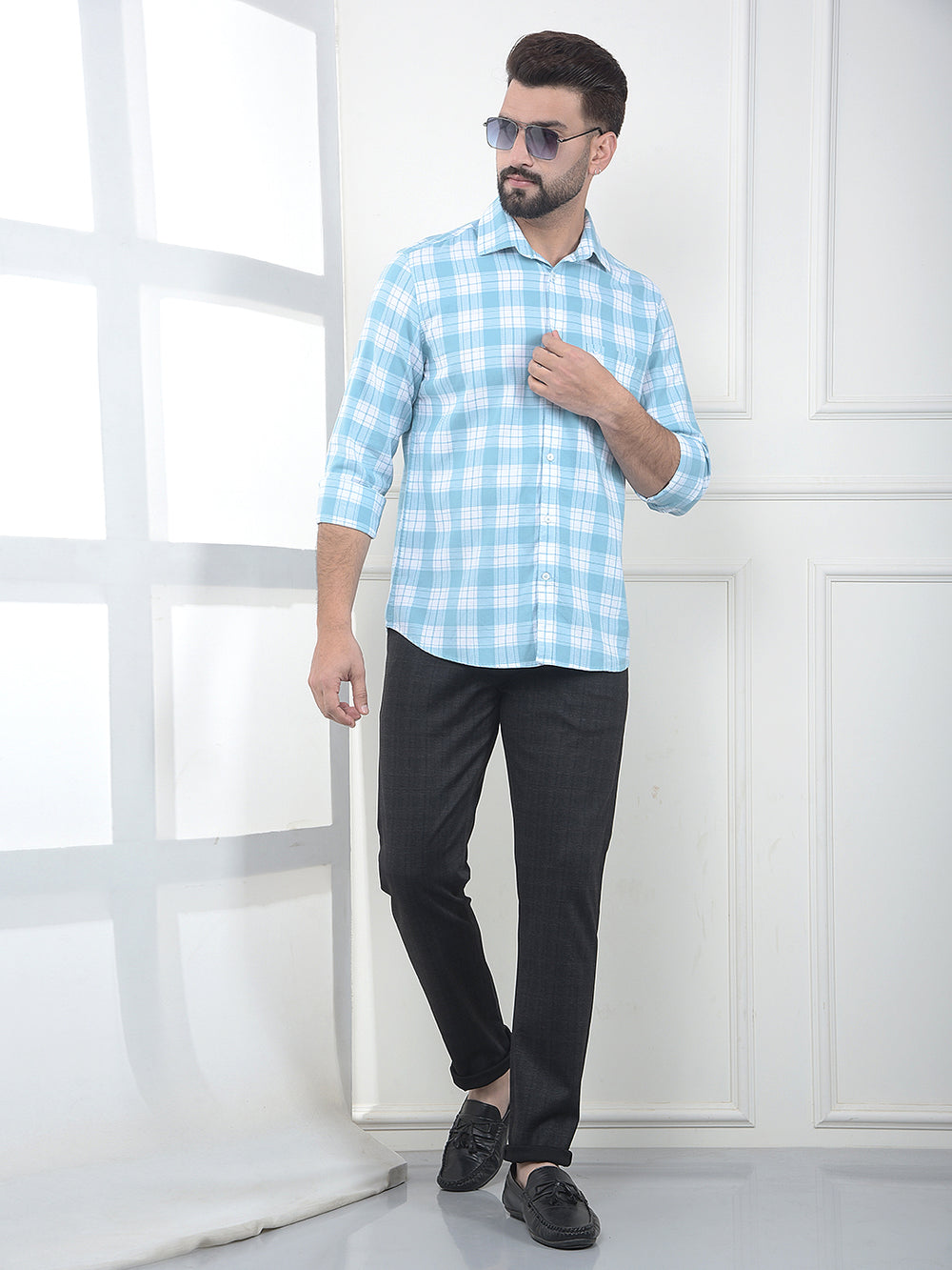 Stratum Ice Blue Checked 100% Cotton Shirt