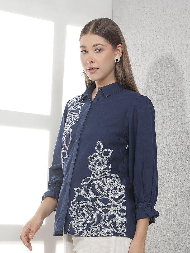 Navy Blue Embroidered Shirt
