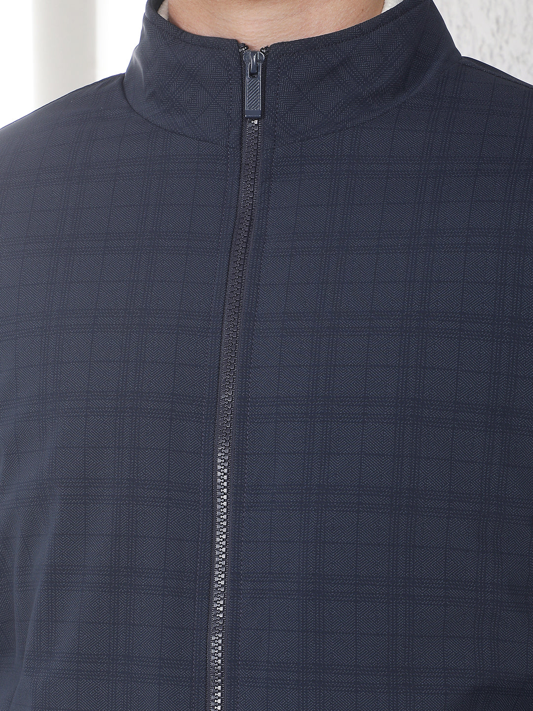 Navy Blue Checked High Neck Puffer Jacket