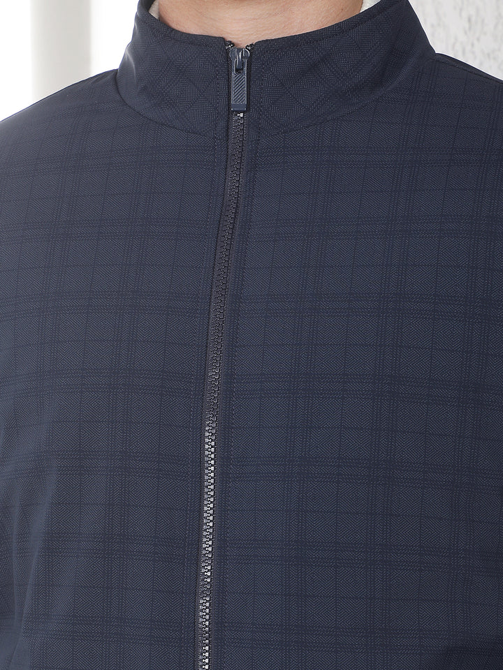 Navy Blue Checked High Neck Puffer Jacket