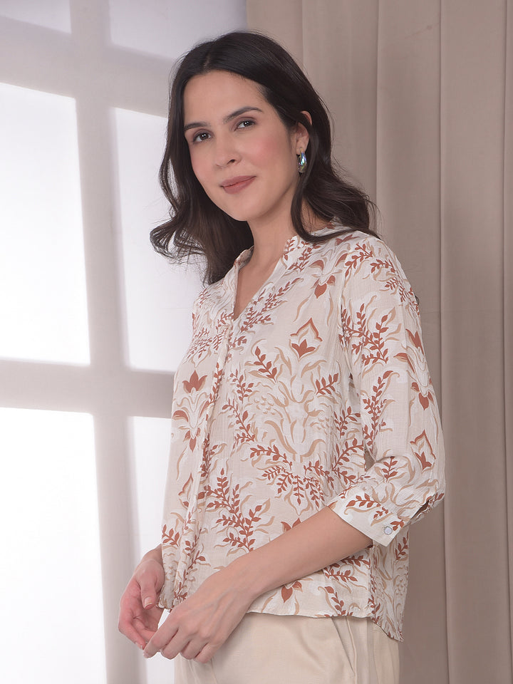 Off White Floral Print V-Neck Top