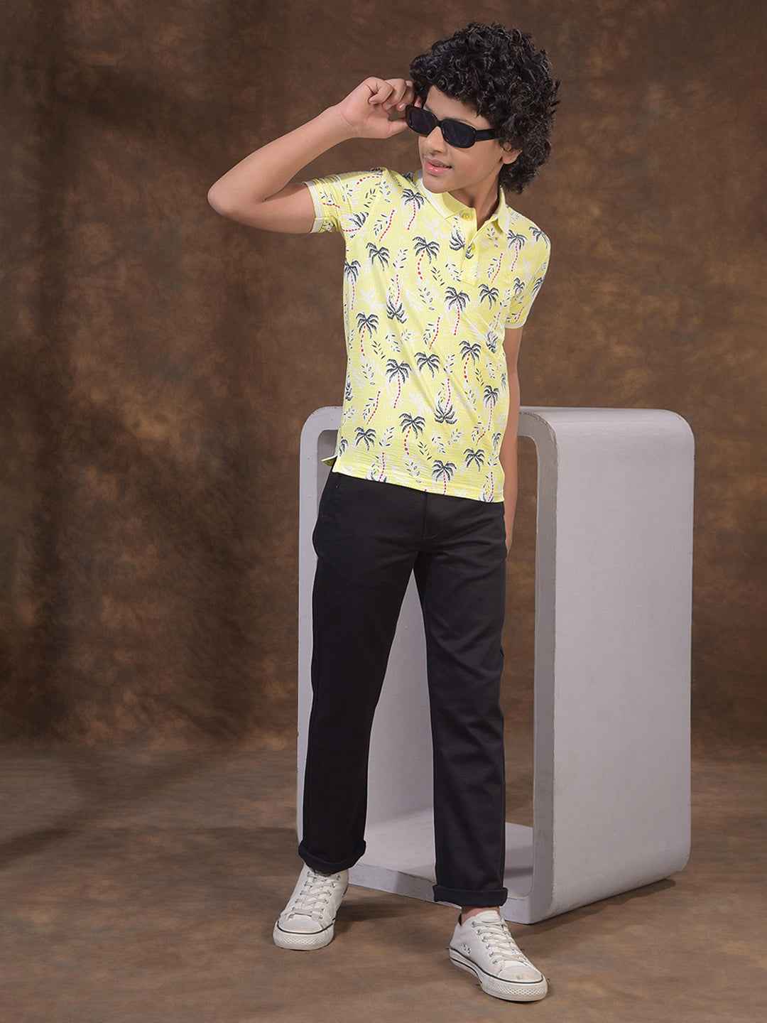 Yellow Floral Print Polo Neck T-Shirt
