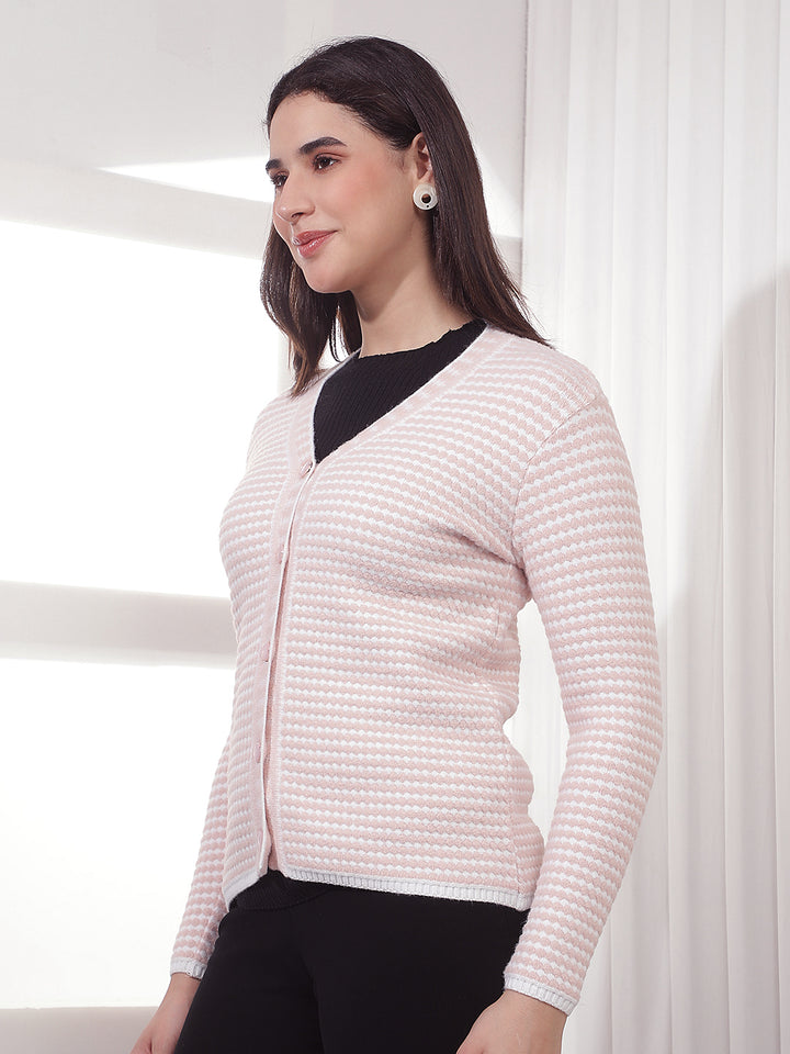 Pink Printed V-Neck Cardigan