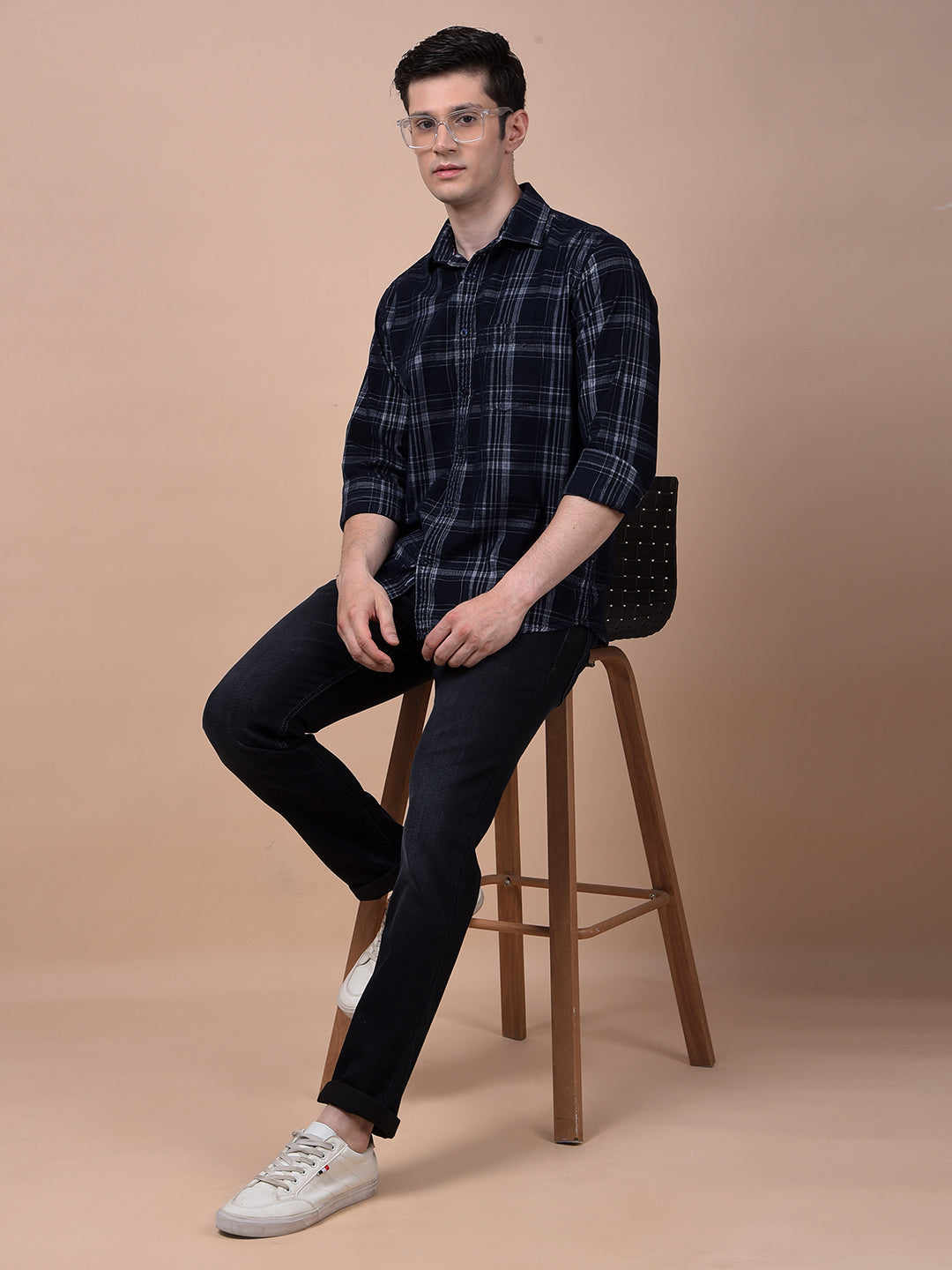 Navy Blue Checked 100% Cotton Shirt