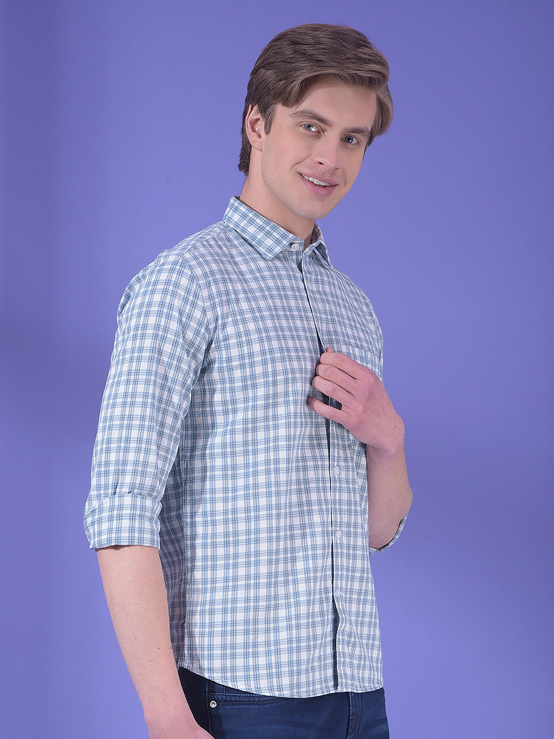Breeze Ice Blue Checked 100% Cotton Shirt