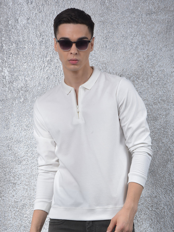White Jacquard Polo Neck Knitted Sweatshirt