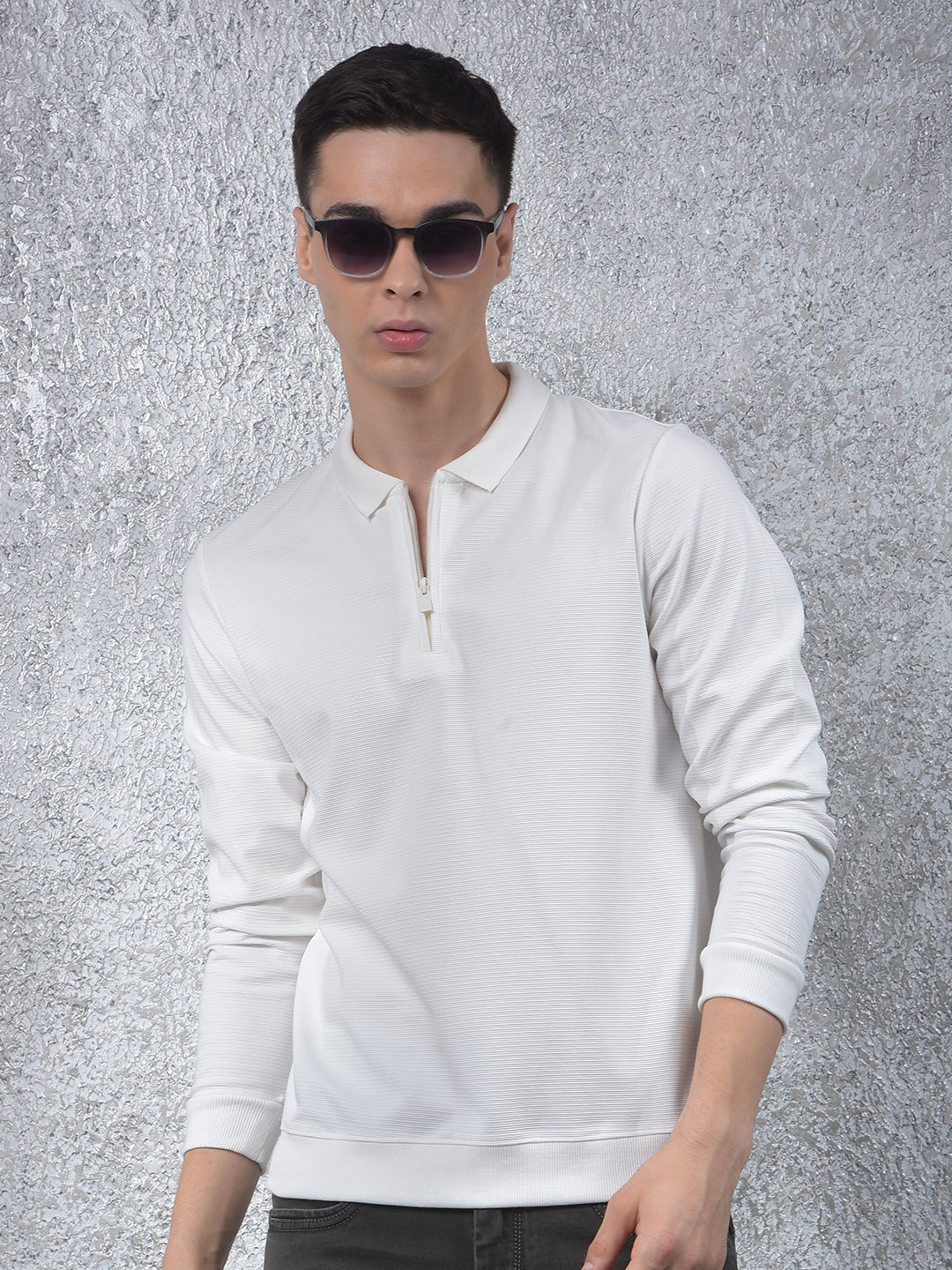 White Jacquard Polo Neck Knitted Sweatshirt