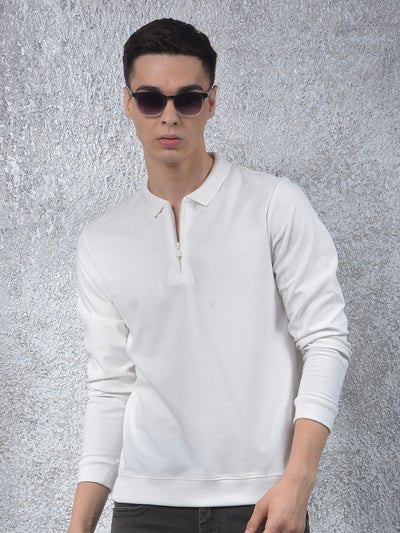 White Jacquard Polo Neck Knitted Sweatshirt