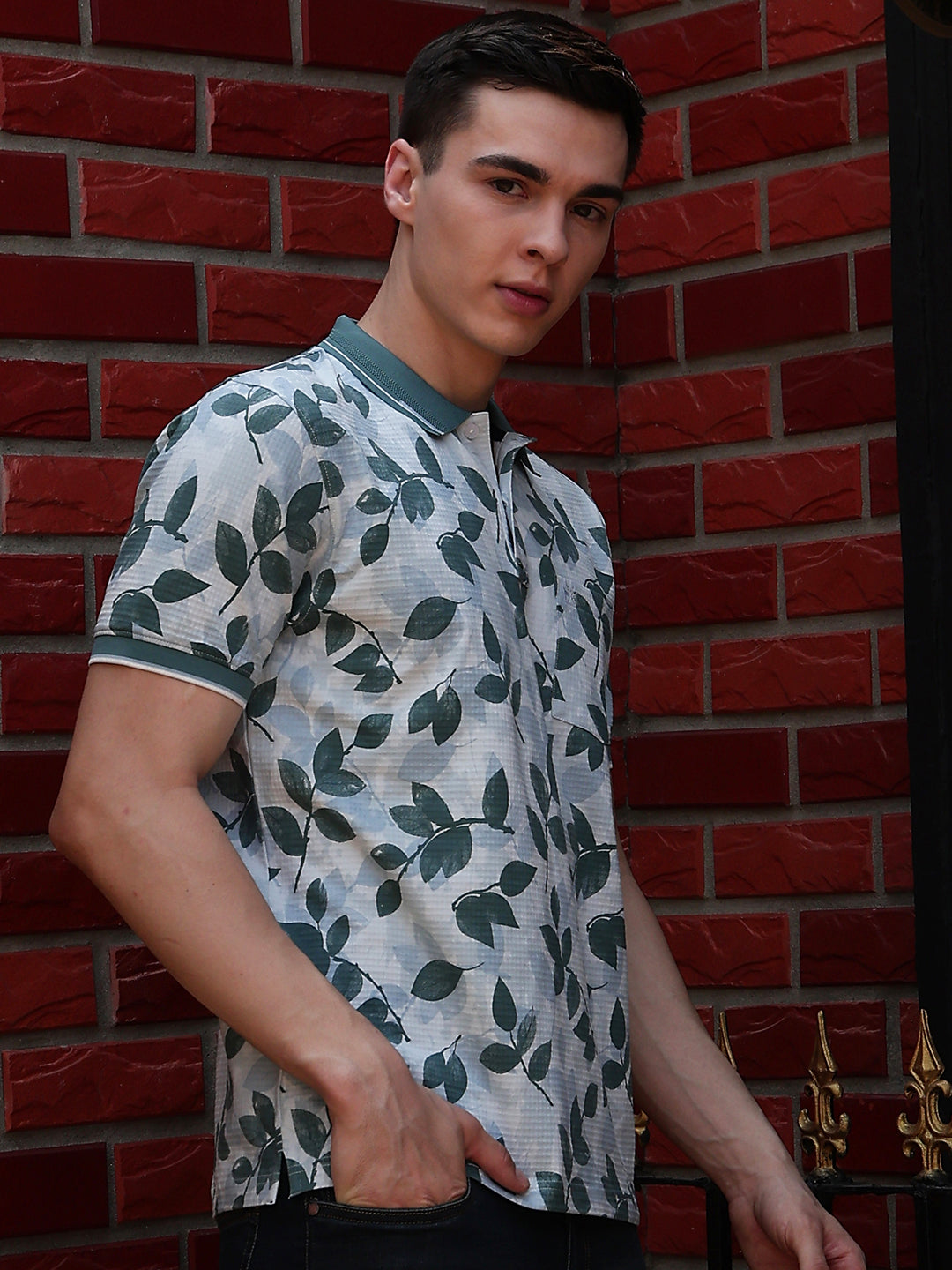Blue Floral Print Polo Neck T-Shirt