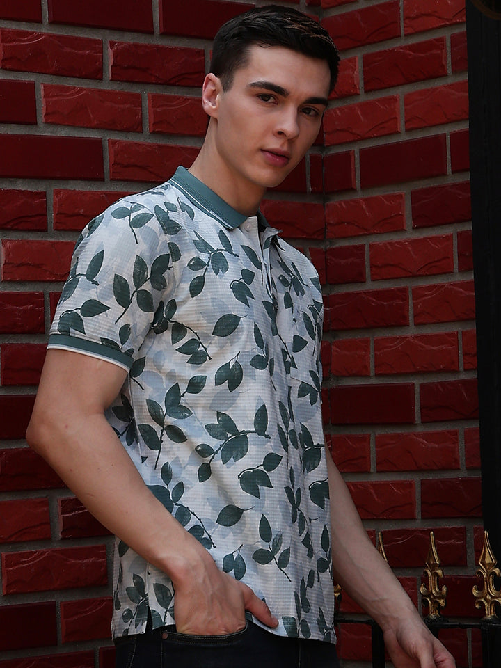 Blue Floral Print Polo Neck T-Shirt