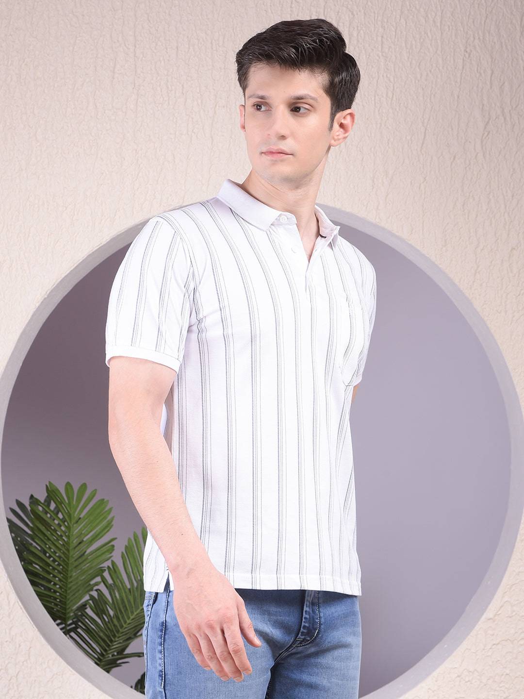 White Vertical Stripes Polo Neck T-Shirt-Men T-Shirts-Crimsoune Club