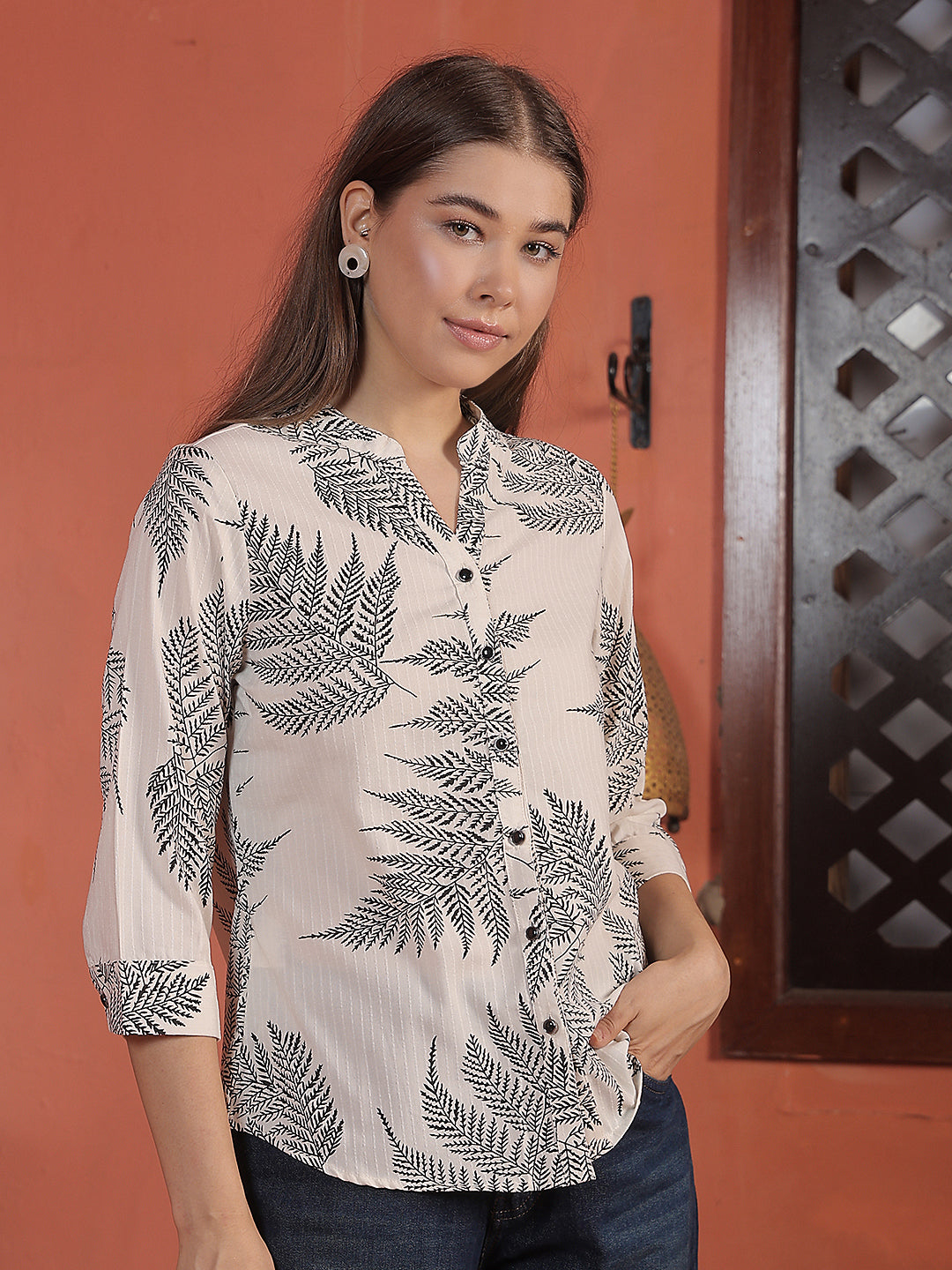 Off White Floral Print V-Neck Shirt
