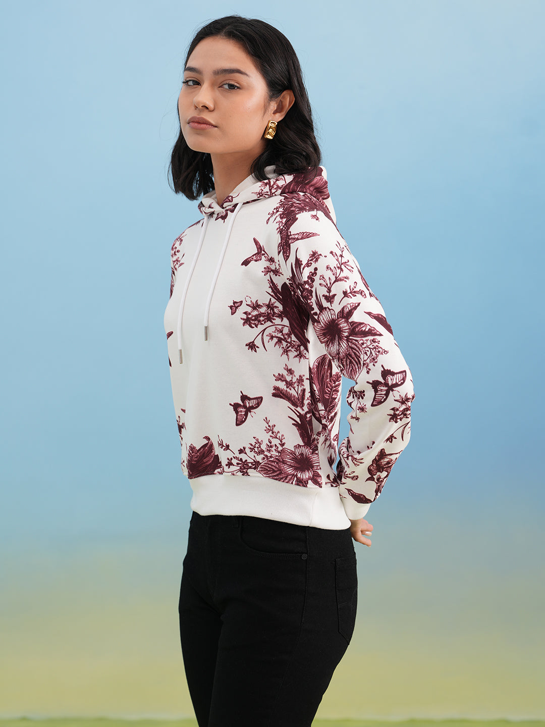 Wine Floral Print Hooded Neck Sweatshirt