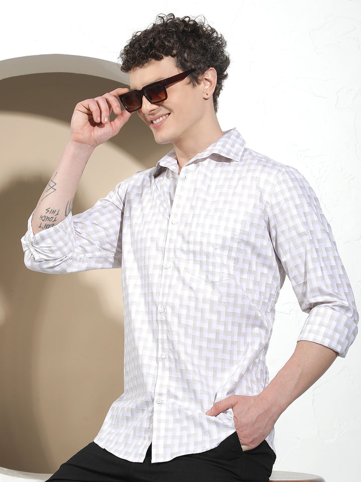 Beige Checked 100% Cotton Shirt