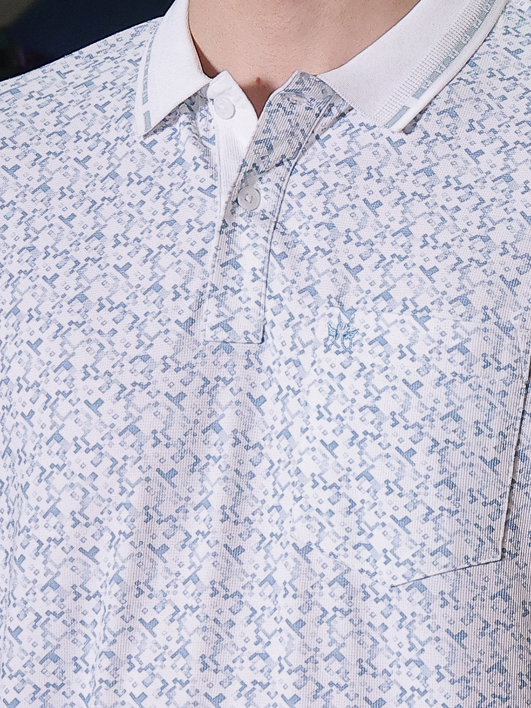 Blue Geometric Print Polo Neck T-Shirt