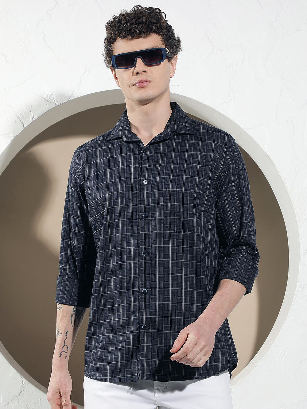 Navy Blue Checked 100% Cotton Shirt