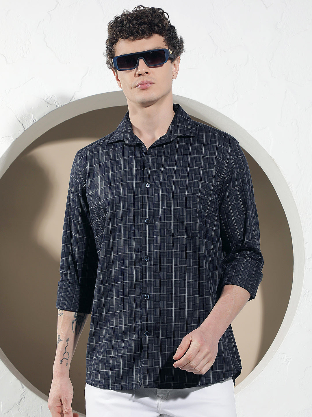 Navy Blue Checked 100% Cotton Shirt