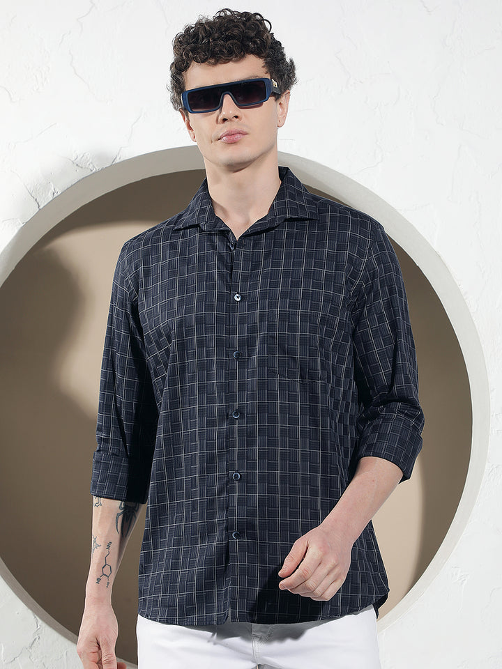 Navy Blue Checked 100% Cotton Shirt