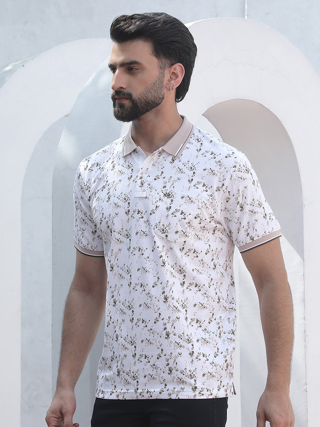 Beige Printed Polo Neck T-Shirt