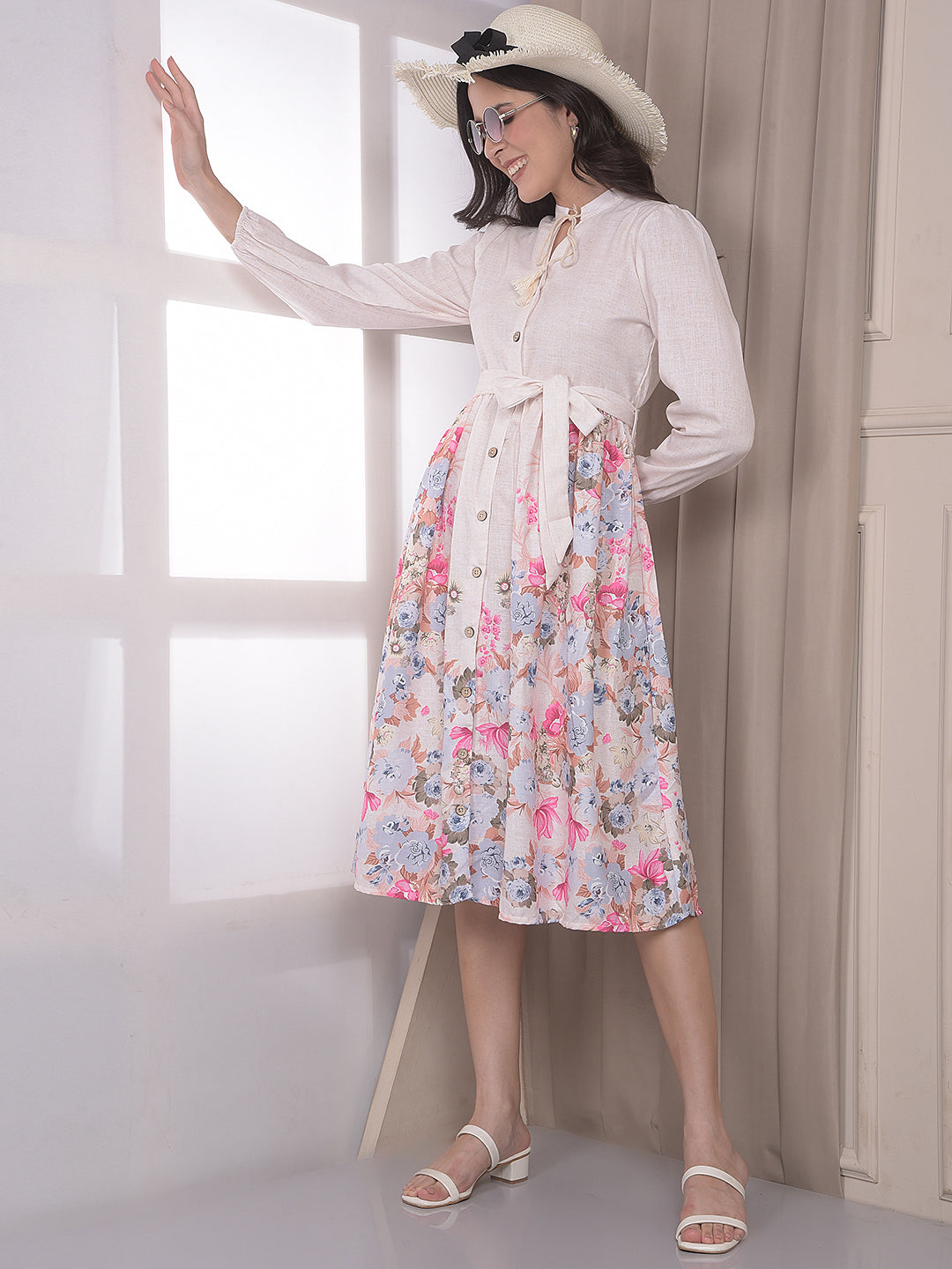Multi-Color Floral Print Below Knee A-Line Dress with Belt