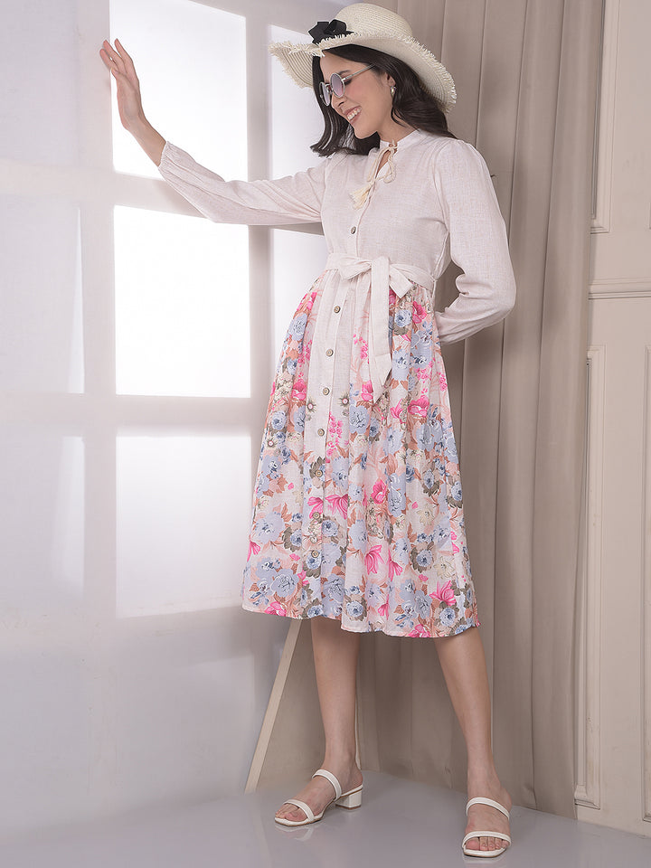 Multi-Color Floral Print Below Knee A-Line Dress with Belt