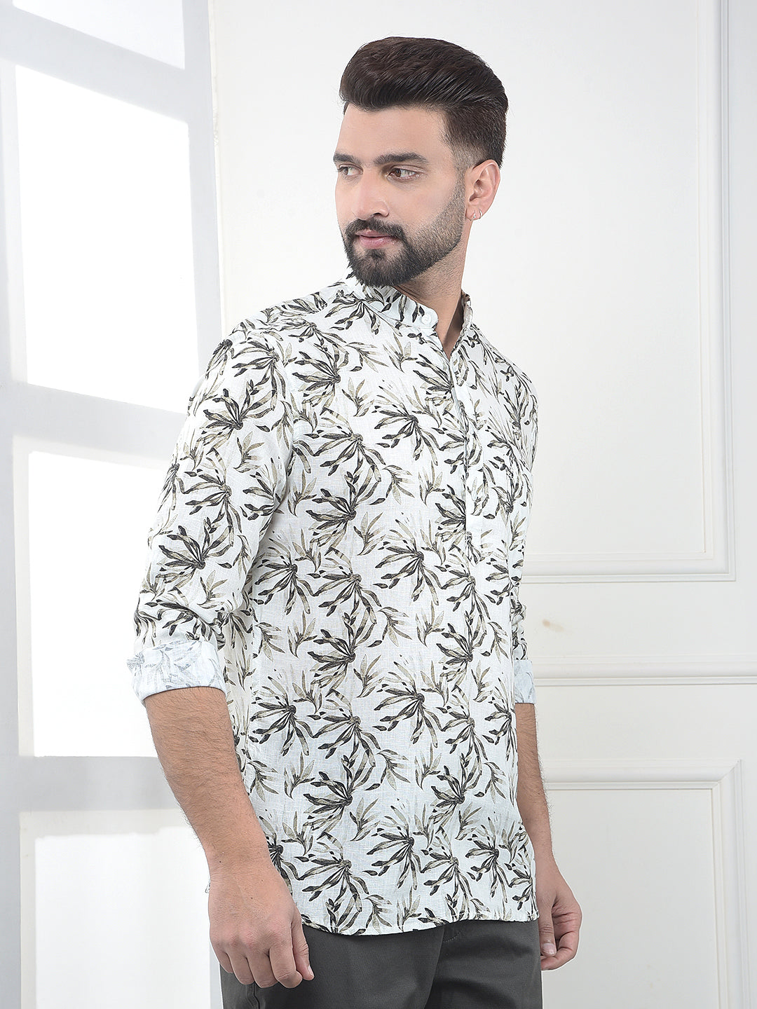 Olive Floral Printed Linen Kurta