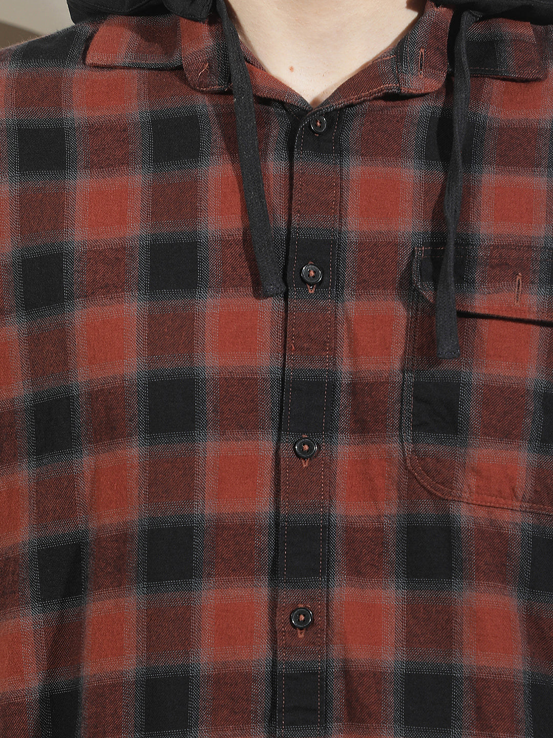 Maroon 100% Cotton Checked &amp; Hooded Shirt