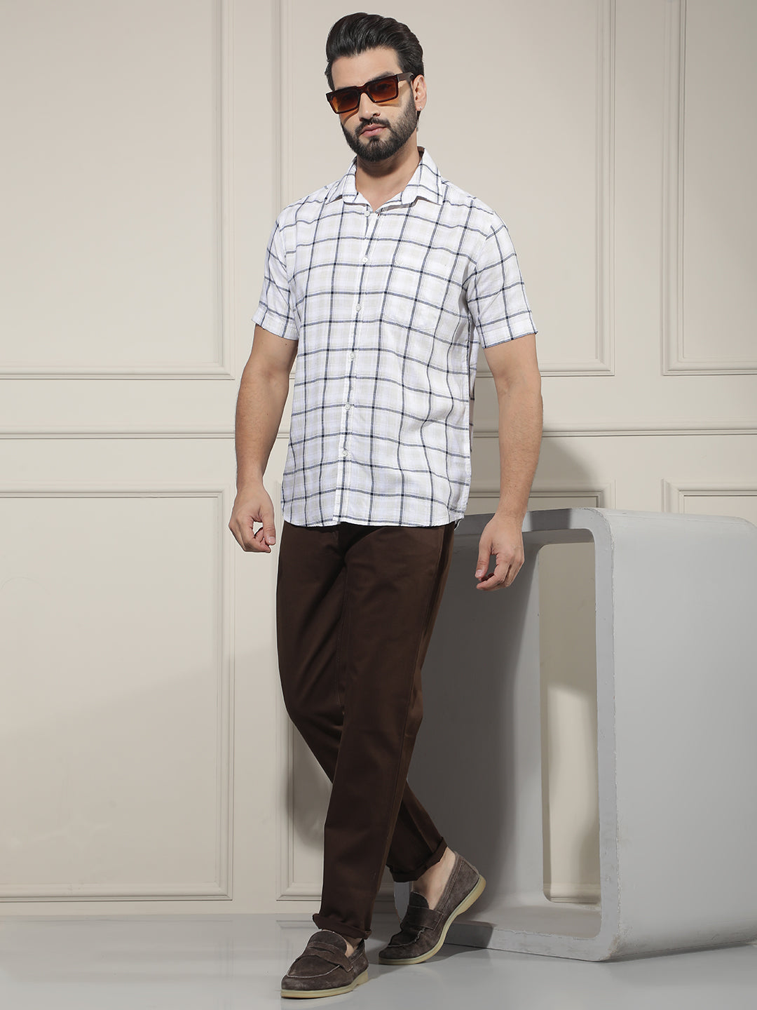 Navy Blue Checked Linen Shirt