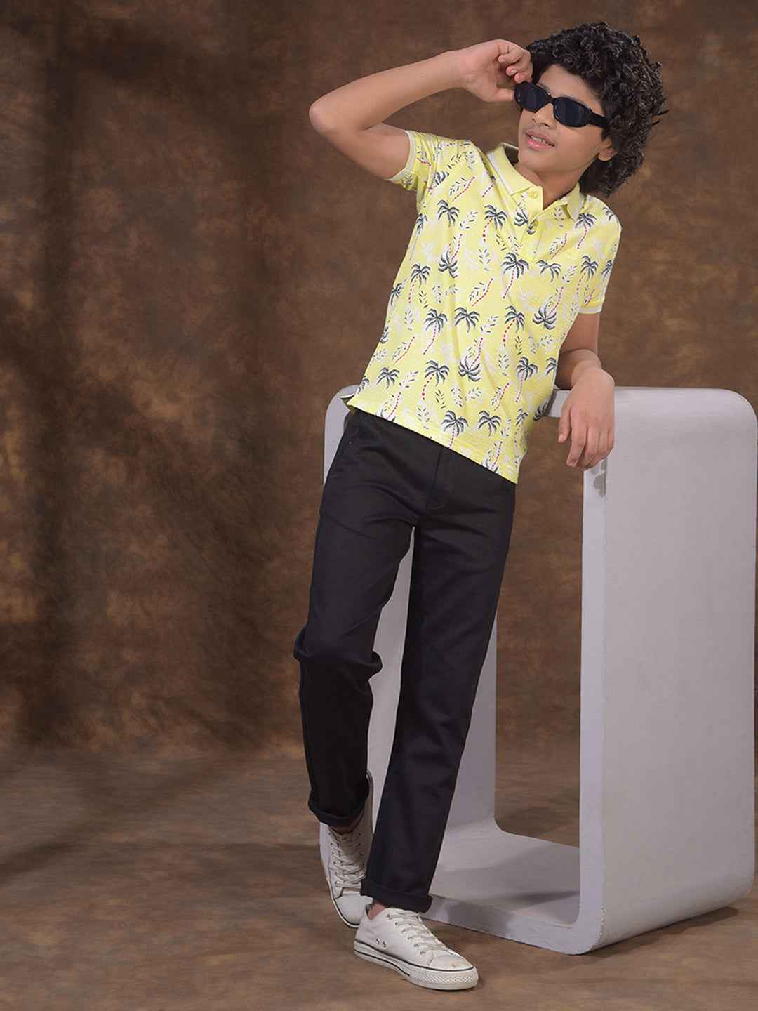 Yellow Floral Print Polo Neck T-Shirt