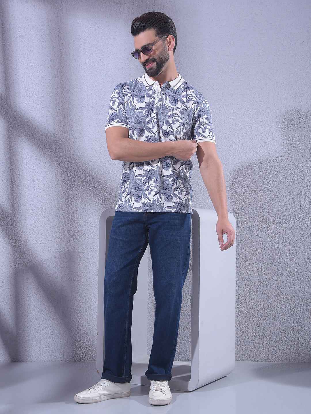 Blue Floral Print Polo Neck T-Shirt