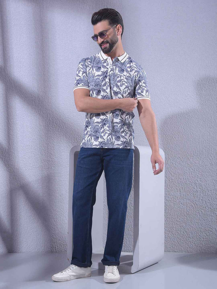Blue Floral Print Polo Neck T-Shirt