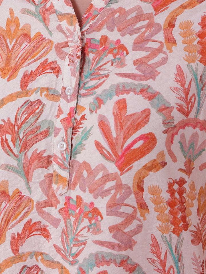 Orange Floral Print V-Neck Top