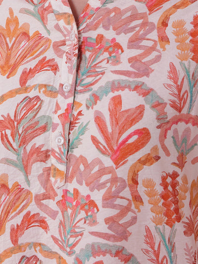 Orange Floral Print V-Neck Top