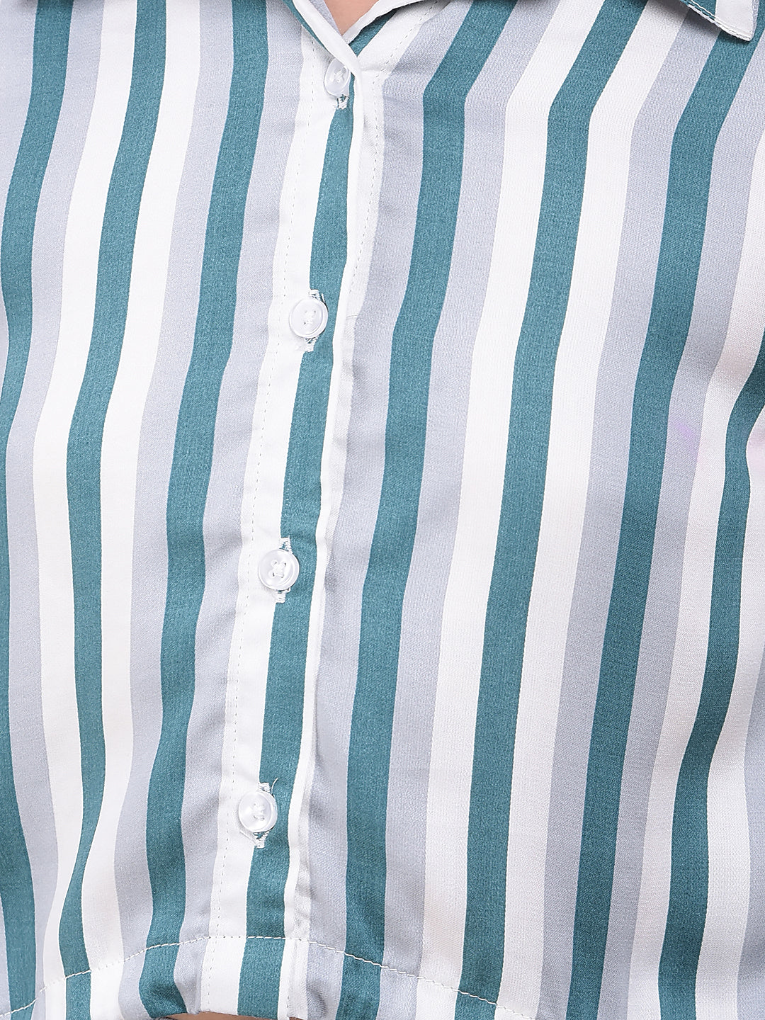 Green Vertical Stripes Modal Cropped Shirt