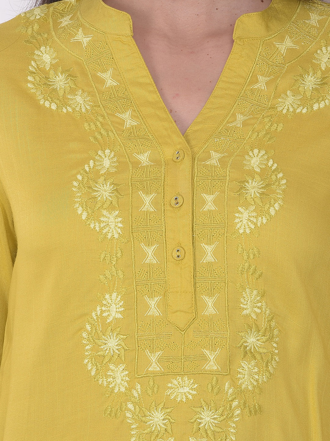 Mustard Embroidered V-Neck Top