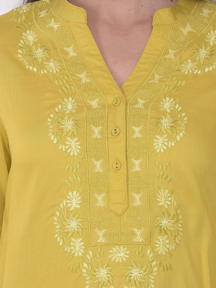 Mustard Embroidered V-Neck Top