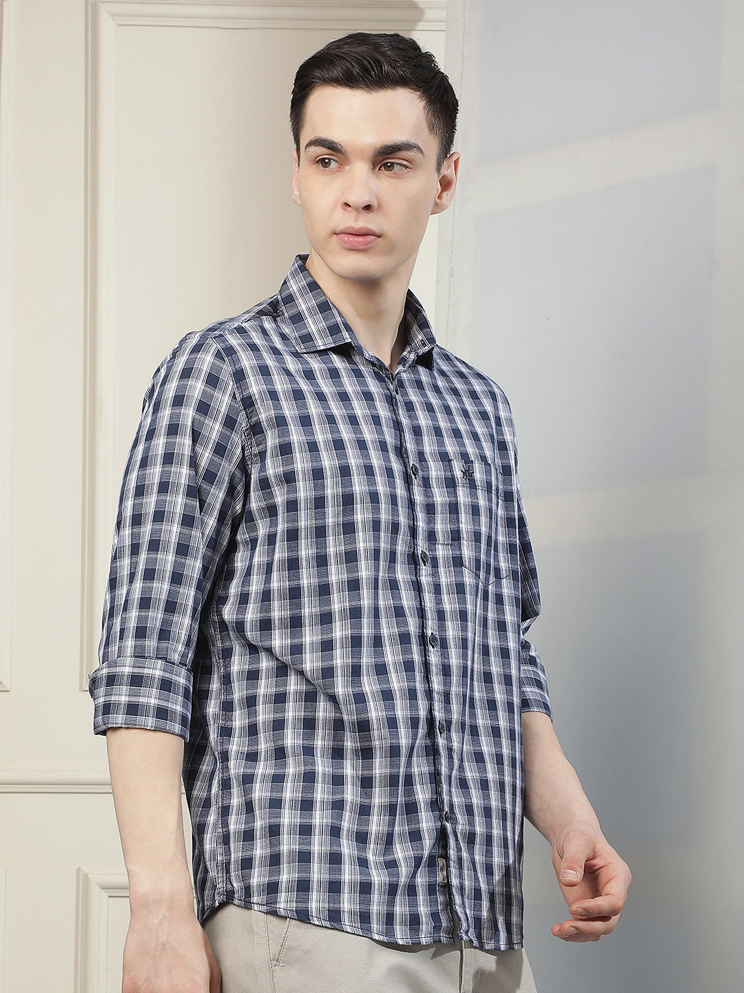 Navy Blue Checked 100% Cotton Shirt