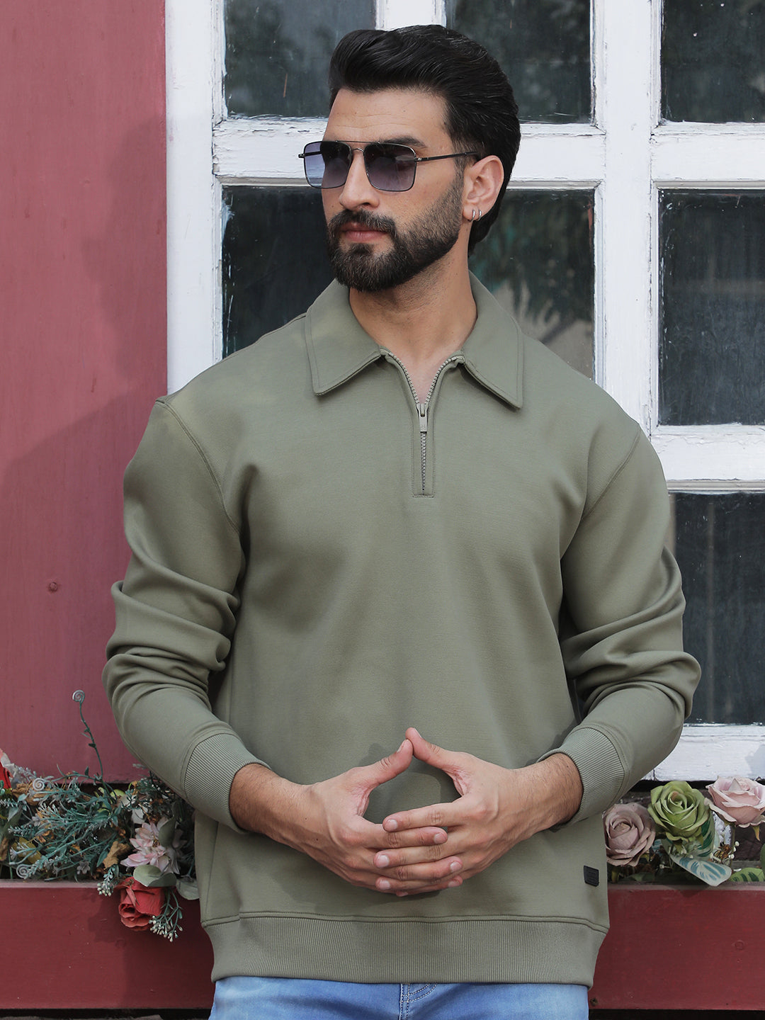 Olive Front Open Sweatshirt