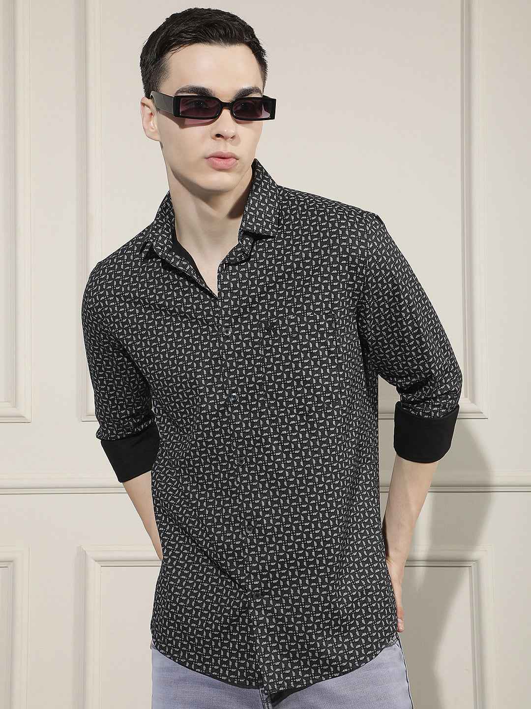 Black Smart Printed Casual Shirt