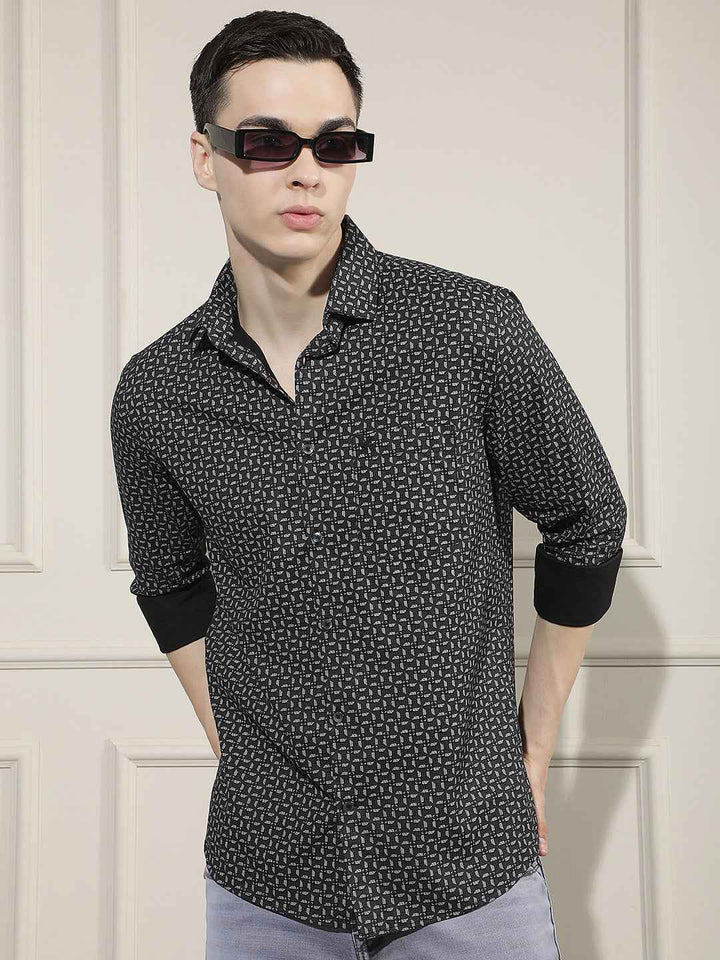 Black Smart Printed Casual Shirt