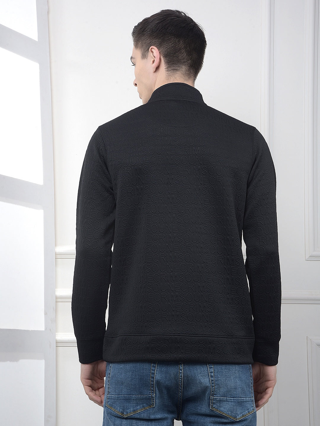 Black Embossed Polo Sweatshirt-Men Sweatshirts-Crimsoune Club
