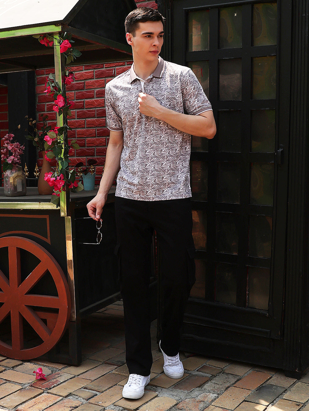 Purple Botanical Print Polo Neck T-Shirt