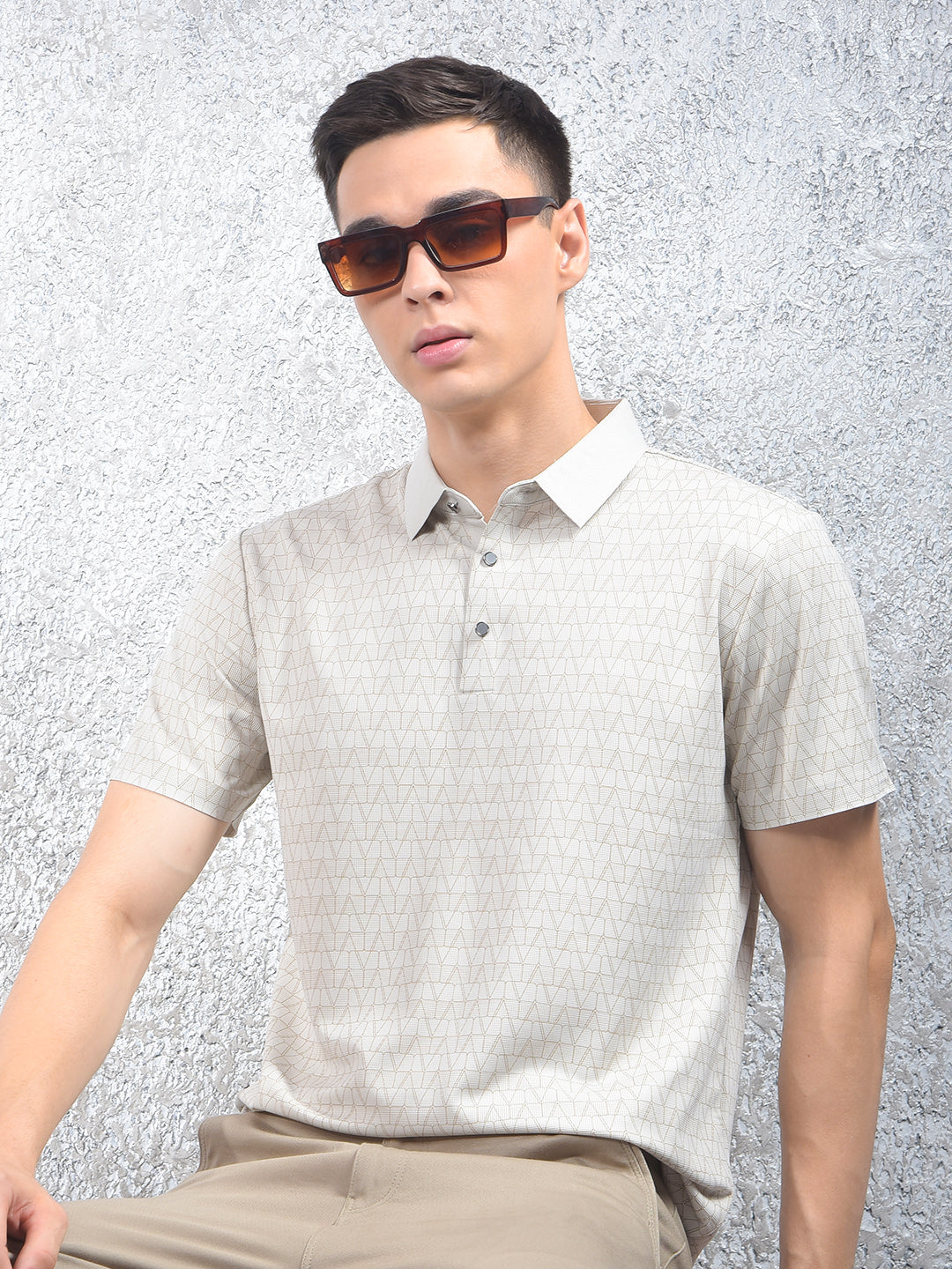 Beige Printed Polo Neck T-Shirt