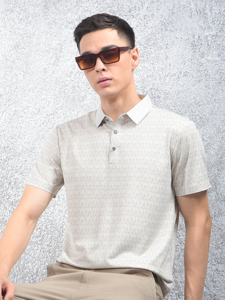 Beige Printed Polo Neck T-Shirt