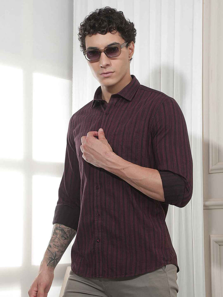 Maroon Vertical Striped 100% Cotton Shirt