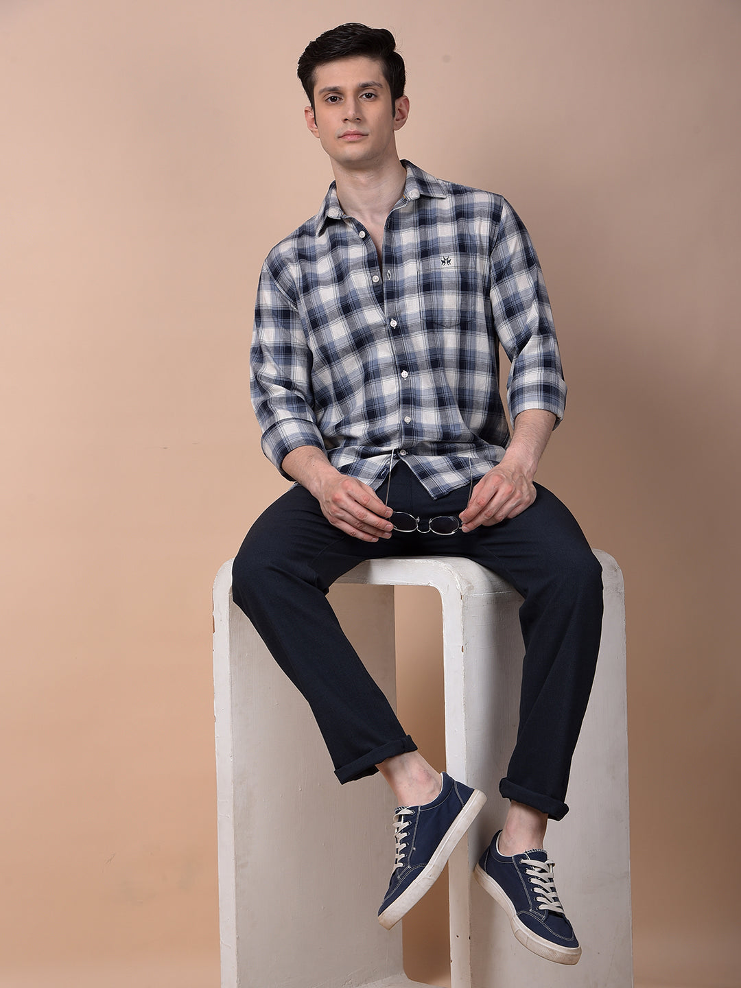 Navy Blue Checked Trousers