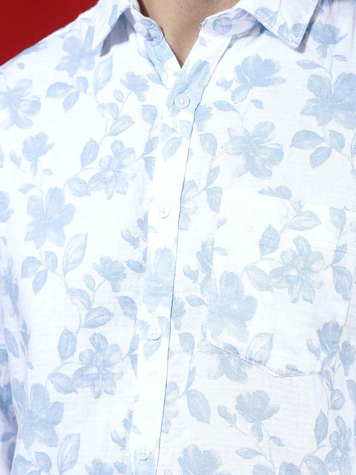 Blue Floral Print 100% Cotton Shirt