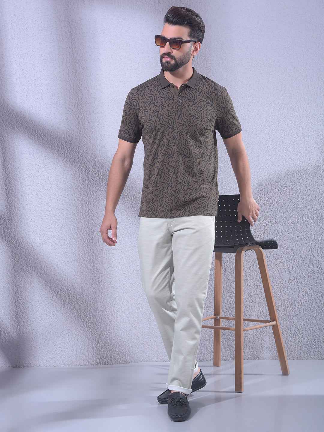 Brown Abstract Print Polo Neck T-Shirt