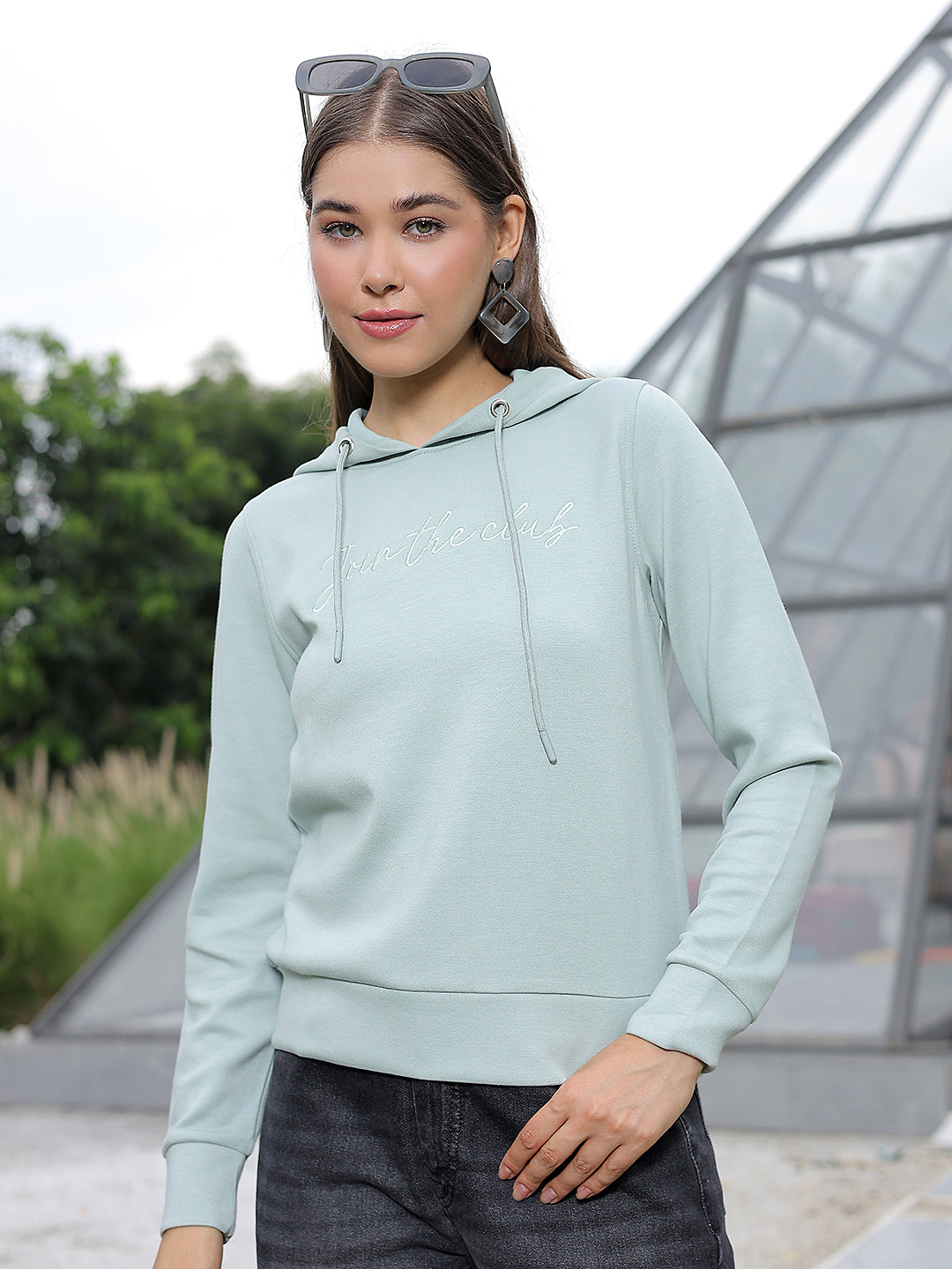 Green Typographic Print Hooded Neck Sweatshirt